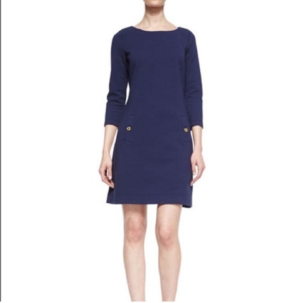 Lilly Pulitzer Navy Ribbed 3/4 Sleeve Gold Buttons Nautical Crew Neck Dress L